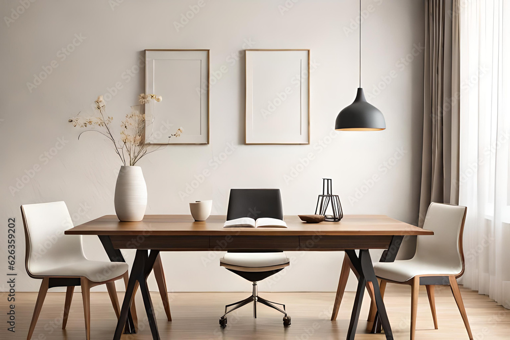 Empty wooden picture frame mockup hanging on beige wall background. Boho-shaped vase, dry flowers on table. Cup of coffee, old books. Working space, home office. Art, poster display modern dining room