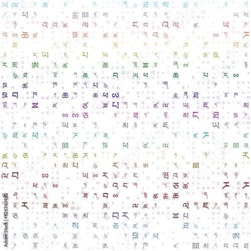 Digital letters cover. Random letters of the Tibetan Alphabet. Gradiented matrix pattern. Contrast color theme backgrounds. Tileable horizontally. Stylish vector illustration.