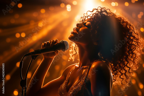 Beautiful African American female singer sings on stage in golden bokeh lights. Generative AI illustration