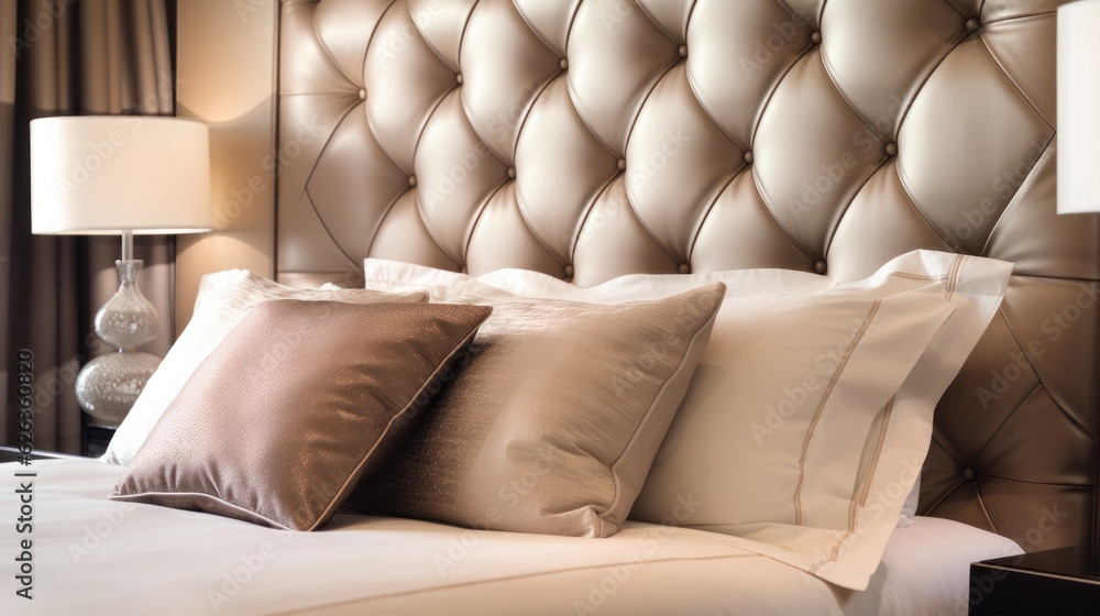 Obraz premium Close up Bed pillow detail element home interior contemporary bedroom with white soft bed pillow arrange bedroom in daylight house beautiful detail design background,ai generate