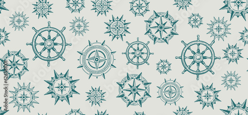 Compass Wind rose, Ship wheel, pattern, hand drawn Illustration.	
