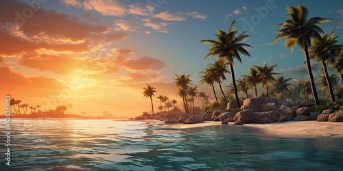 AI Generated. AI Generative. Adventure vacation landscape view of paradise island sand coast with palms on sunset. Vacation relaxing background vibe beautiful day © Graphic Warrior