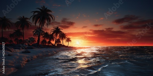 AI Generated. AI Generative. Adventure vacation landscape view of paradise island sand coast with palms on sunset. Vacation relaxing background vibe. Graphic Art