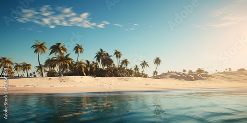 AI Generated. AI Generative. Adventure vacation landscape view of paradise island sand coast with palms on sunset. Vacation relaxing background vibe. Graphic Art