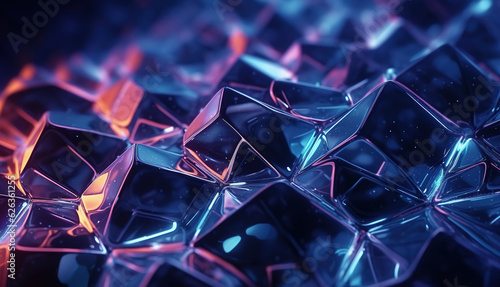 Blurred abstraction of crystal structures. Science or technology background. Digital wallpaper. Polygonal space. 3d grid surface. Generative AI illustration for banner, cover, brochure or presentation
