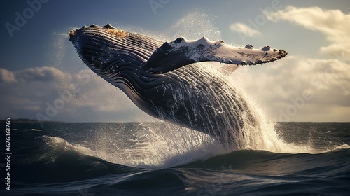 Humpback whale jumping out of the water and ready to fall on its back. At sunset. Seascape with ocean waters and cloudscape. Generative AI illustration for cover, postcard, interior design or print.
