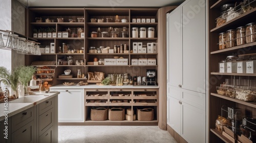 home storage area organize management home interior design pantry shelf and storage for store food and stuff in kitchen home design concept,ai generate photo