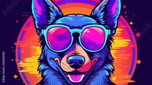 Stylish dog in trendy glasses in futuristic style and neon colors. Generative AI illustration. Printable design for t-shirts, mugs, cases, etc.