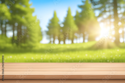 Wooden Table Top Background In the Park. For Your photomontage or product display.