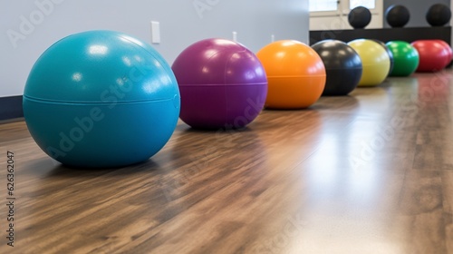 A row of medicine balls of different sizes and colors on the floor.