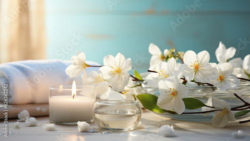 Paradise traditional ritual massage spa treatment and spa products flatlay. Generative Ai