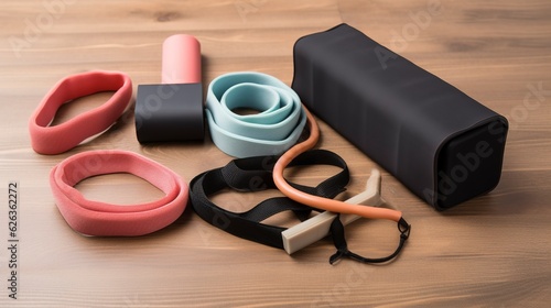 Fitness accessories like a jump rope, resistance loop bands, and a yoga block 