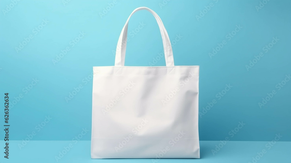 Empty white tote bag mockup isolated on blue background, blank realistic sopping sac sample cut out concept for design, generative AI Empty white tote bag mockup isolated on blue background, blank realistic sopping sac sample cut out concept for design, generative AI