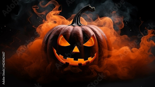 Halloween pumpkin with smoke on black background. Banner. Big spooky helloween symbol, generative AI
