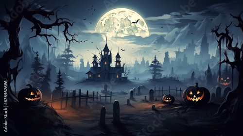 Illustration for the holiday of halloween. Panorama of a sinister village. Halloween panorama with castle, cemetery and abandoned village, generative AI © Andrii