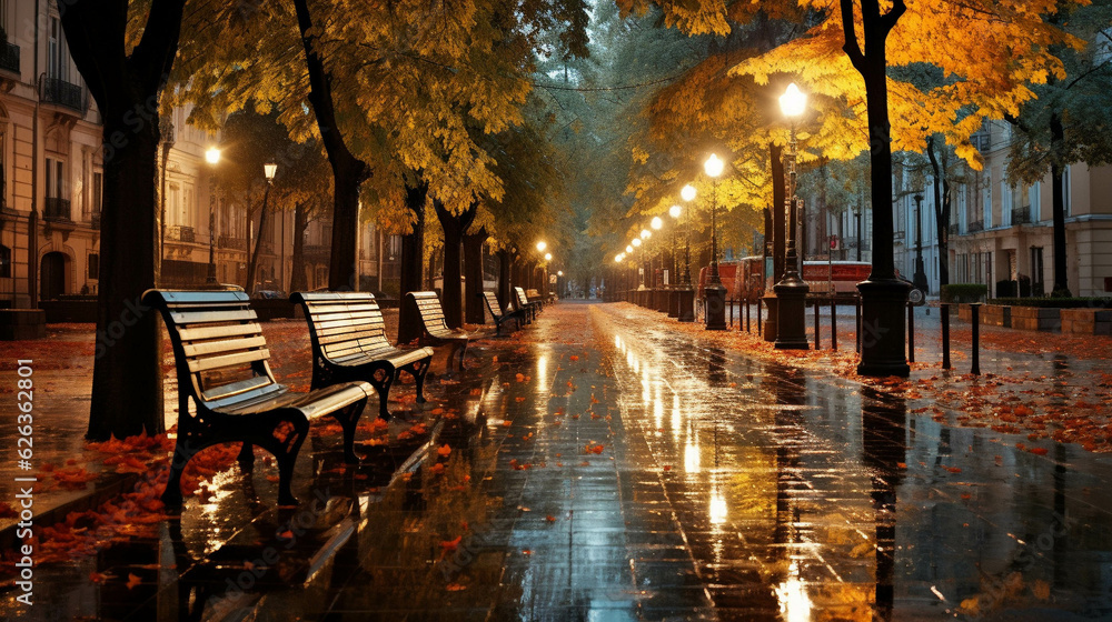 Wonderful autumnal view of the city boulevard, avenue. Alley with benches, the rain, the golden leaves of autumn trees are reflected in the puddles, generative AI