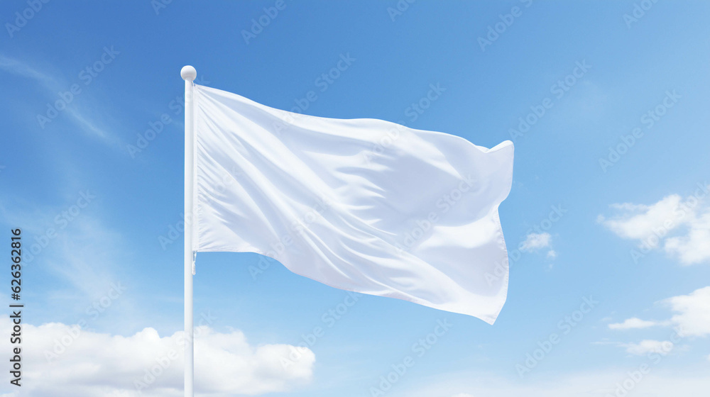 White flag blank waving in a mockup template, with a blue clear sky with some clouds, generative AI - obrazy, fototapety, plakaty 