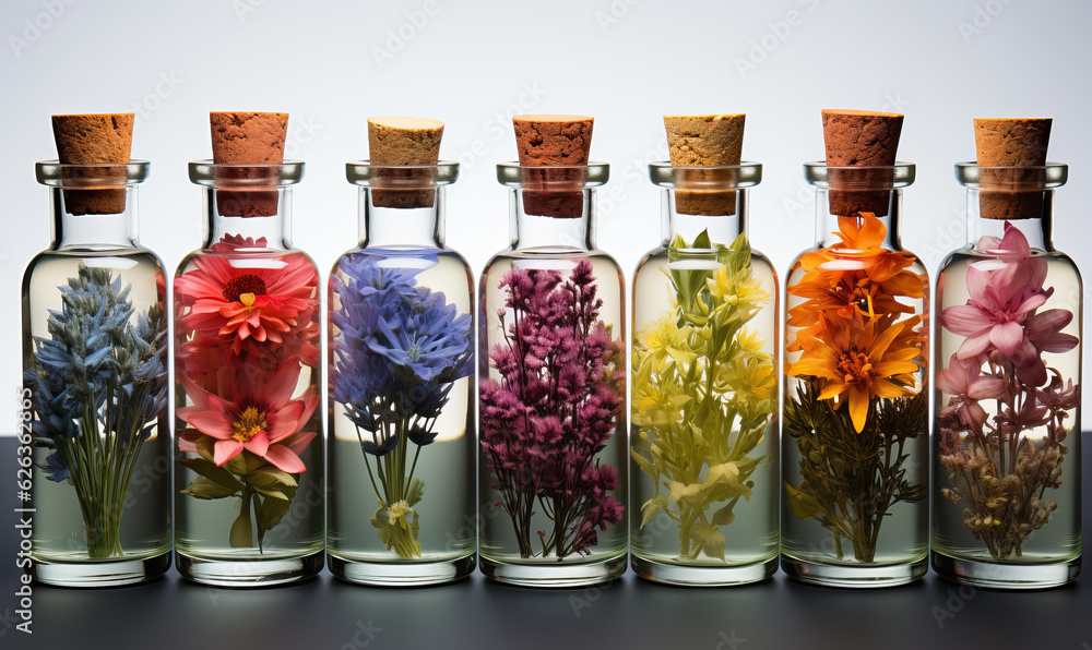 Aromatherapy, small glass bottles with sprigs of flowers. - obrazy, fototapety, plakaty 