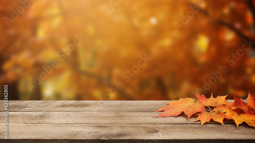 Wooden table with orange leaves autumn background  generative AI