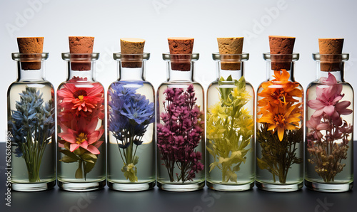 Aromatherapy, small glass bottles with sprigs of flowers.