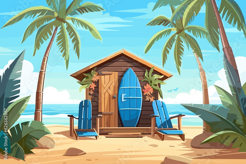 the beach blue cabin is wooden striped with surfboards