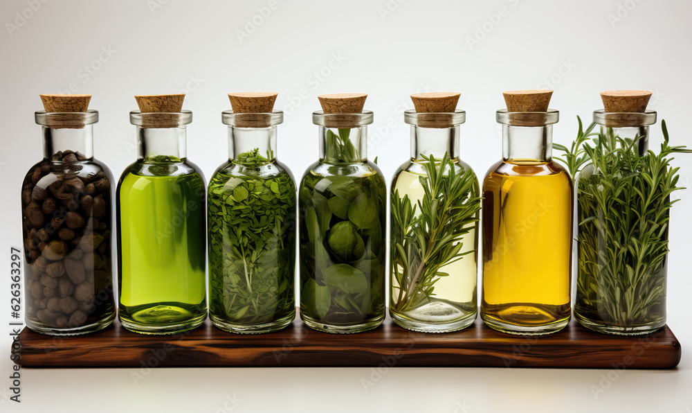 Small bottles with sprigs of herbs on a white background.