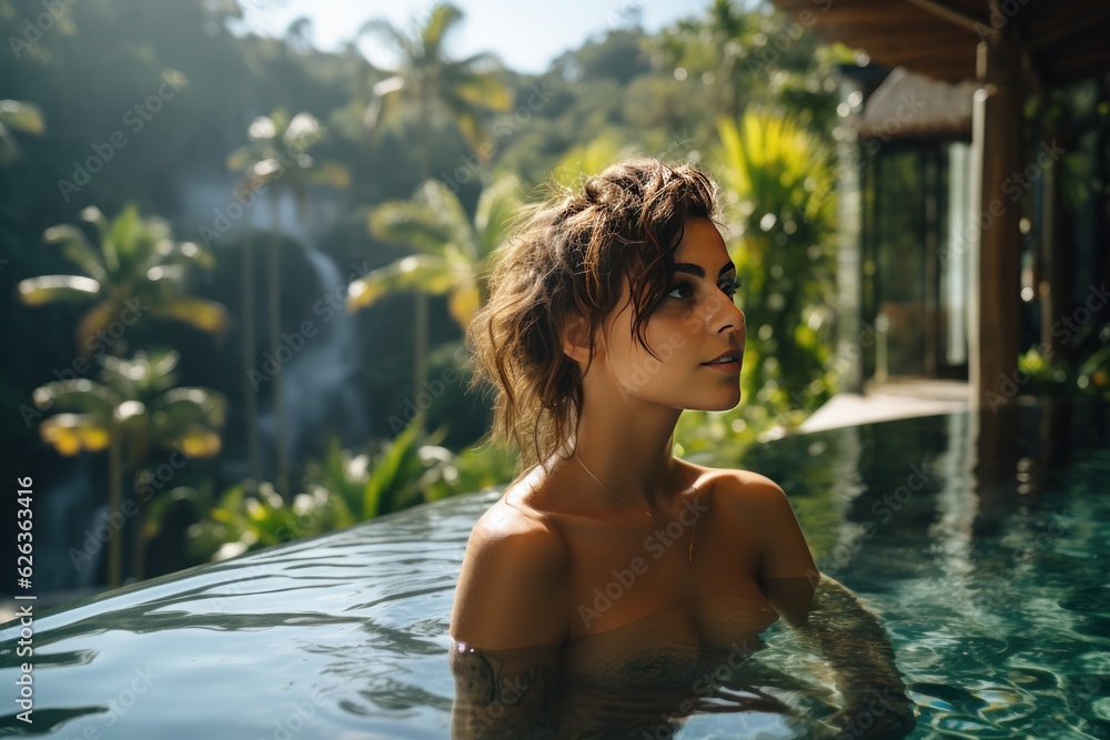 Beautiful young nude woman in swimming pool.Sexy naked brunette woman in jacuzzi outdoor on the background of landscape with forest and mountains. Made With Generative AI.