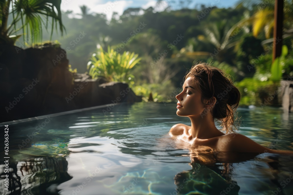 Beautiful young nude woman in swimming pool.Sexy naked brunette woman