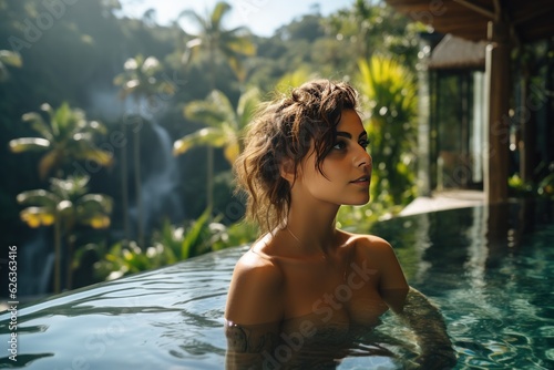 Beautiful young nude woman in swimming pool.Sexy naked brunette woman in jacuzzi outdoor on the background of landscape with forest and mountains. Made With Generative AI. © John Martin