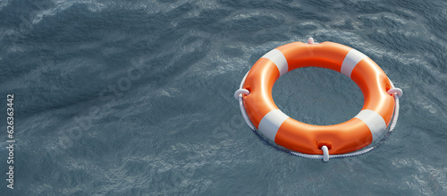 Lifebuoy on blue ocean background. Orange color life buoy ring, marine safety photo