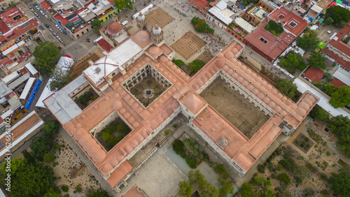 Aerial views of the Ex-convent of Santo Domingo in the City of Oaxaca, Mexico, the roofs are reddish and there is an ethnobotanical garden photo