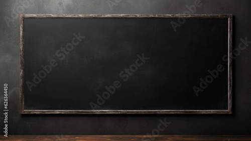 A blackboard hangs on the wall, completely blank. In a dim and grungy classroom, there is an old and well-used blackboard