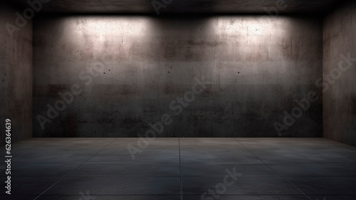  A dimly lit concrete chamber with a dark front wall. A contemporary, sleek concrete interior. An abstract background of concrete.