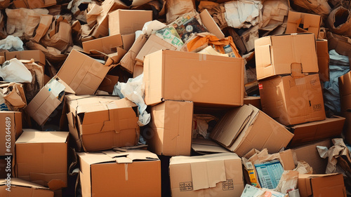 A pile of utilized cardboard boxes, scraps of paper, discarded paper, intended for paper recycling or repurposing photo