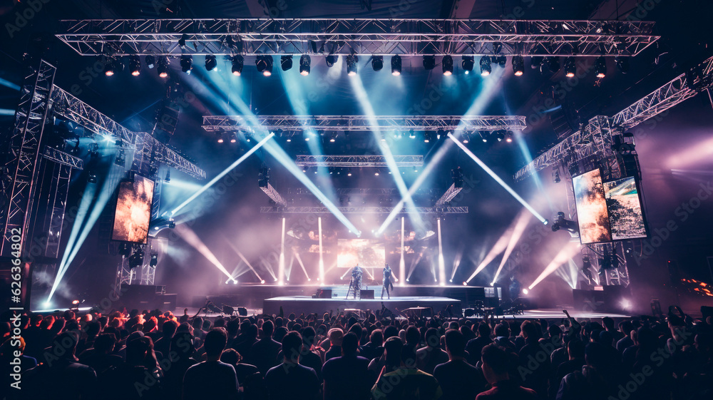 
A theatrical production performed on a live stage in a venue. Stage rigging equipment, lighting, and PA systems are utilized for the show. - obrazy, fototapety, plakaty 