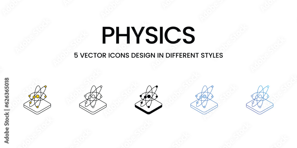 Physics Icon Design in Five style with Editable Stroke. Line, Solid, Flat Line, Duo Tone Color, and Color Gradient Line. Suitable for Web Page, Mobile App, UI, UX and GUI design.