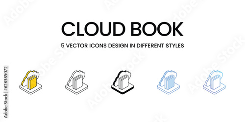 Cloud Book Icon Design in Five style with Editable Stroke. Line, Solid, Flat Line, Duo Tone Color, and Color Gradient Line. Suitable for Web Page, Mobile App, UI, UX and GUI design.