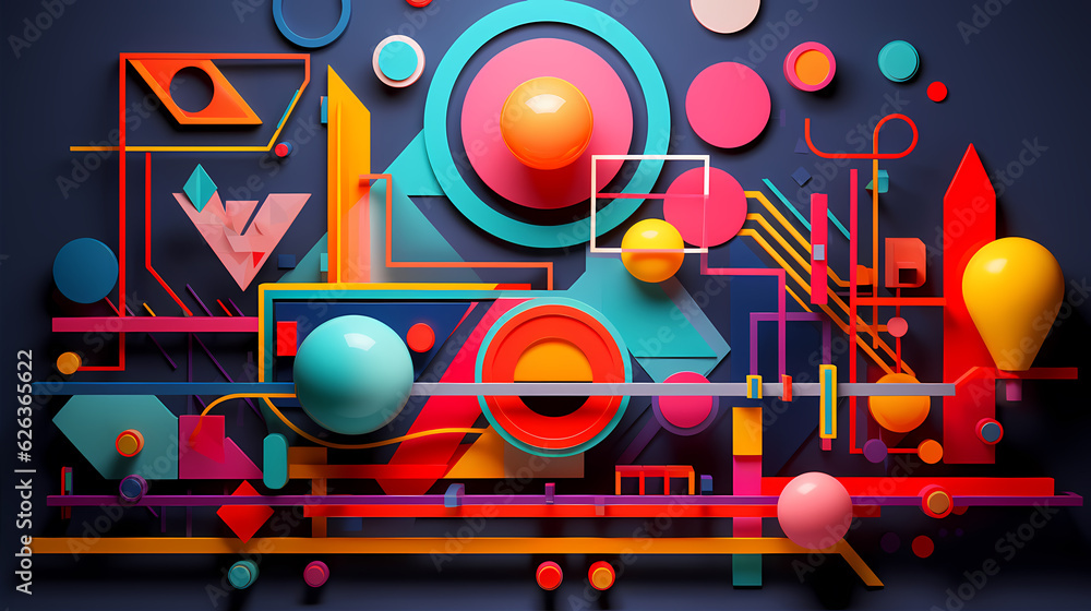 Eye-catching 3D geometric shapes background in bold, neon colors; ideal for attention-grabbing advertising materials Eye-catching 3D geometric shapes background in bold, neon colors; ideal for attention-grabbing advertising materials