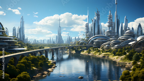 Futuristic 3D rendering of a cityscape with customizable copy space; great for technology and urban-themed projects