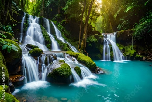 Jungle waterfall cascade in tropical rainforest with rock and turquoise blue pond. AI generated