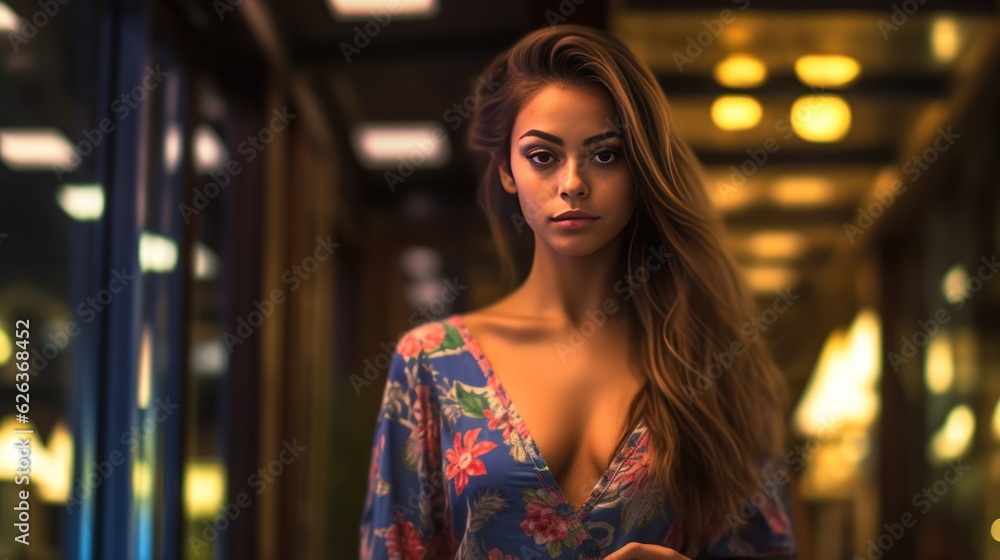 Hot European brown-haired Girl in a Night Dress. Beautiful sexual young woman in luxury sleepwear in Modern interior. Made With Generative AI.
