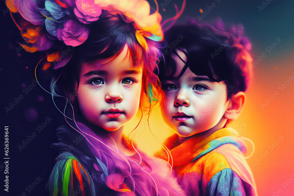 brother and sister bohemian style dresses with flowers in hair. portrait illustration of a couple of brothers. Generative Ai