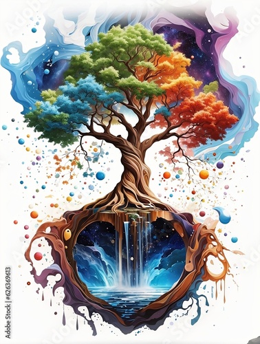 Vibrant and colorful tree, cascading waterfall, and cosmic wonders unite in this captivating vector art. A surreal masterpiece! , white background