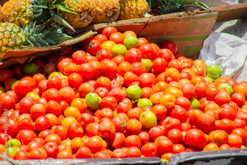 Display of fruits and vegetables in a traditional Colombian market square