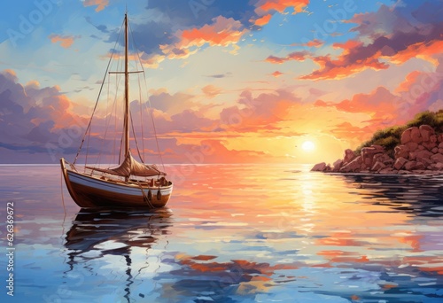 An oil painting of a sailboat at sunset, where bright orange and yellow blend with blue, capturing the vessel sailing on a wavy sea. The artistic canvas reflects nature's beauty in twilight's embrace.