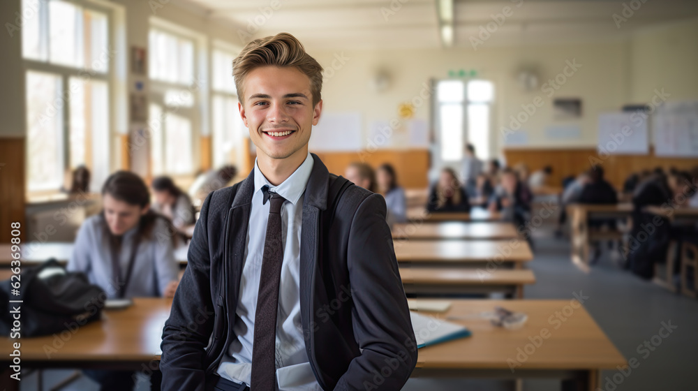 Portrait of a smiling young university male student in the classroom. Generative AI Portrait of a smiling young university male student in the classroom. Generative AI