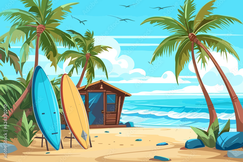 beach cabines with surfboards coconut palm and starfish