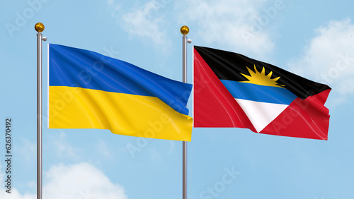 Waving flags of Ukraine and Antigua and Barbuda on sky background. Illustrating International Diplomacy, Friendship and Partnership with Soaring Flags against the Sky. 3D illustration. photo
