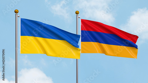 Waving flags of Ukraine and Armenia on sky background. Illustrating International Diplomacy  Friendship and Partnership with Soaring Flags against the Sky. 3D illustration.