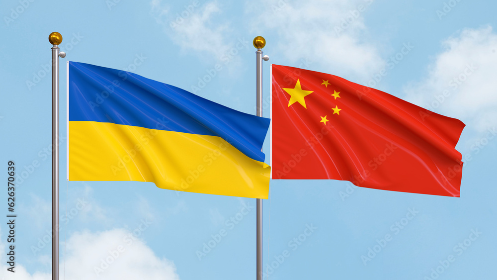 Waving flags of Ukraine and China on sky background. Illustrating International Diplomacy, Friendship and Partnership with Soaring Flags against the Sky. 3D illustration. Waving flags of Ukraine and China on sky background. Illustrating International Diplomacy, Friendship and Partnership with Soaring Flags against the Sky. 3D illustration.